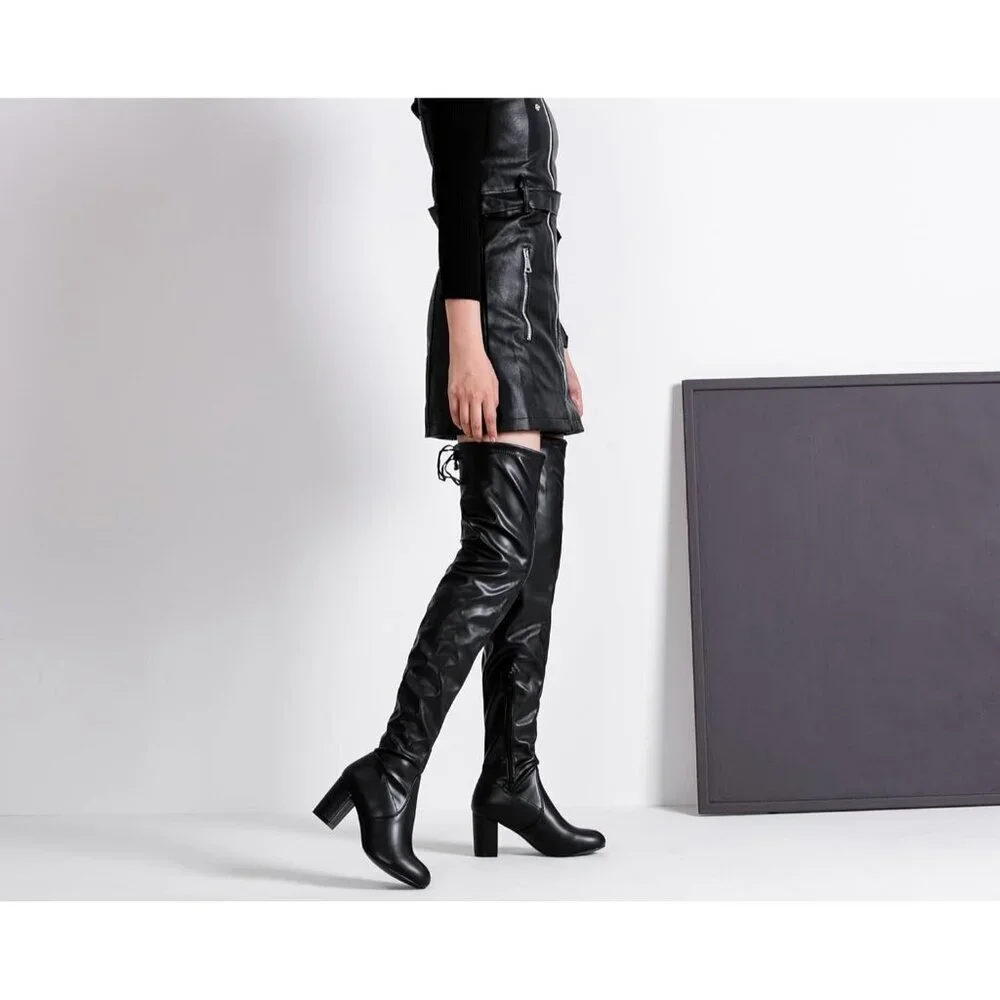 Women's Black Pu Suede Inner Zipper Thigh High Over The Knee High Heel Boots